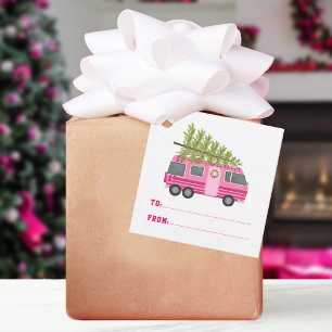 Étiquettes Cadeau Arbre de Noël Camping RV Rose à partir de