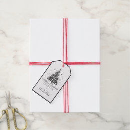 Étiquettes-cadeau Arbre de Noël chic élégant noir blanc script