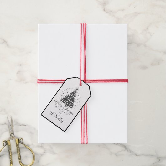 Étiquettes-cadeau Arbre de Noël chic élégant noir blanc script (Avec de la ficelle)