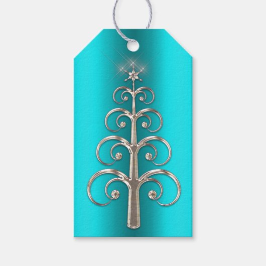 Étiquettes-cadeau Arbre de Noël en argent moderne sur Aqua (Devant)