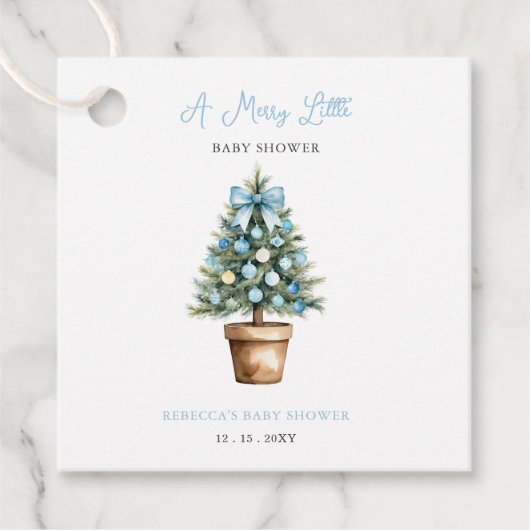 Étiquettes Cadeau Arbre de Noël en Bow bleu Joyeux petit Baby shower (Devant)