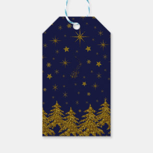 Étiquettes-cadeau Arbre de Noël en or brillant, étoiles, neige sur