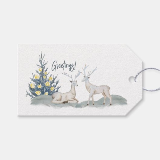 Étiquettes-cadeau Arbre de Noël et cerfs dans la neige (Devant (Horizontal))