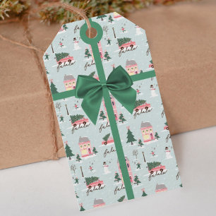 Étiquettes-cadeau Arbre de Noël et ville rose Retro Van Green Bow