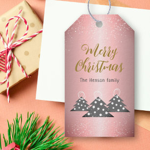 Étiquettes-cadeau Arbre de Noël Métallo Rose Famille Vacances