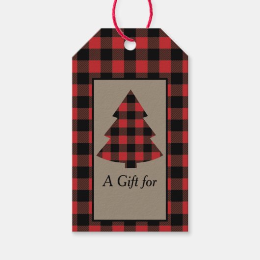 Étiquettes-cadeau Arbre de Noël Plaid Buffalo Rouge (Devant)