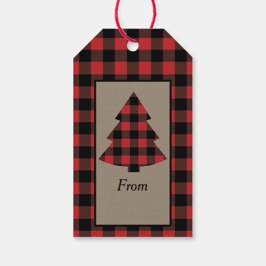 Étiquettes-cadeau Arbre de Noël Plaid Buffalo Rouge (Dos)