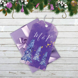 Étiquettes-cadeau Arbre de Noël pourpre Flèches de neige dorées