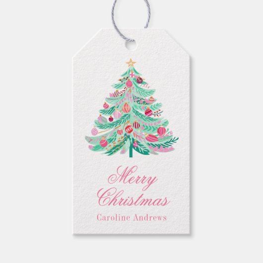 Étiquettes-cadeau Arbre de Noël rose et vert Preppy (Devant)