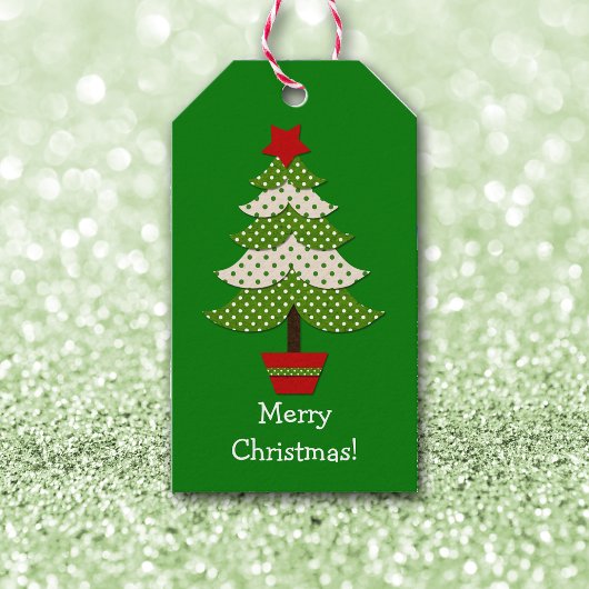 Étiquettes-cadeau Arbre de Noël vert blanc Polka
