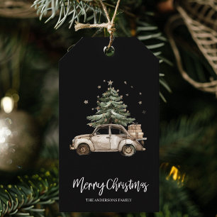 Étiquettes-cadeau Arbre de Noël Voiture Aquarelle Noir Vintage