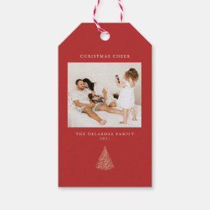 Étiquettes-cadeau Arbre moderne illuminé d'or Photo Joie de Noël Ro