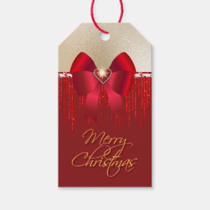 Étiquettes-cadeau Arc de satin rouge romantique à Noël d'or