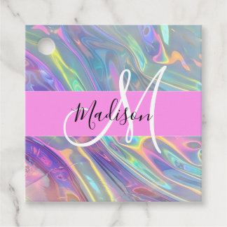 Étiquettes Cadeau Arc-en-ciel girly holographique iridescent monogra