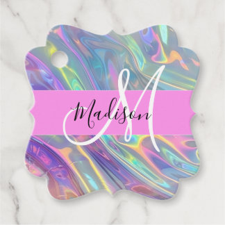 Étiquettes Cadeau Arc-en-ciel Girly Holographique Iridescent Monogra