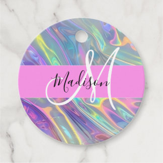 Étiquettes Cadeau Arc-en-ciel girly holographique monogramme iridesc