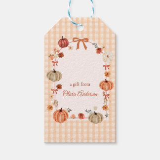 Étiquettes-cadeau Arc floral à motif de citrouille en vichy orange