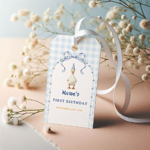 Étiquettes-cadeau Arc floral en vichy bleu pour le premier anniversa
