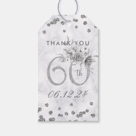 Étiquettes-cadeau Argent 60e anniversaire Merci Glam Marble (Devant)