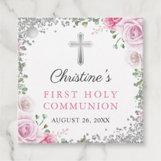 Étiquettes Cadeau Argent rose Floral Premier Saint Communion Merci