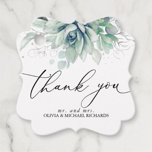 Étiquettes Cadeau Argent Succulents Verdure Mariage Merci (Devant)