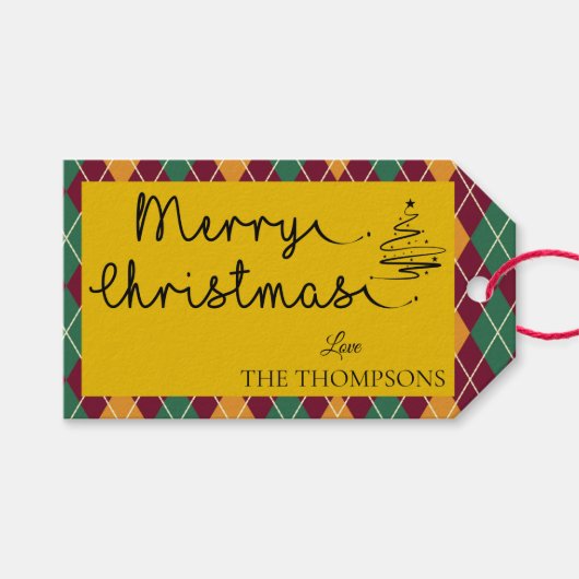 Étiquettes-cadeau Argyle Jaune Orange Vert Script Joyeux Noël (Devant (Horizontal))