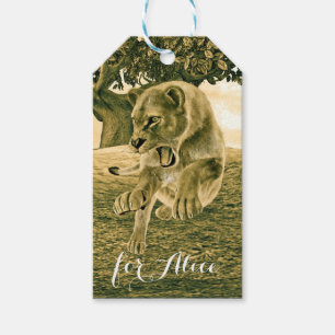 Étiquettes-cadeau Art dramatique de la lionne de safari faunique