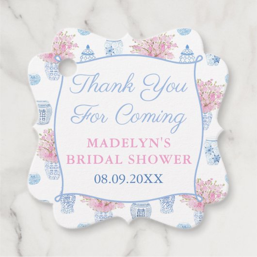 Étiquettes Cadeau Assez & Préparé Rose Pot de Gingembre Bleu Mariage (Devant)