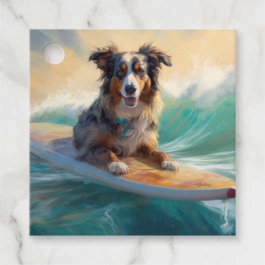 Étiquettes Cadeau Australian Shepherd Beach Surfing Peinture (Devant)
