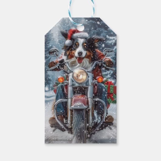 Étiquettes-cadeau Australian Shepherd Riding Motorcycle Noël (Devant)