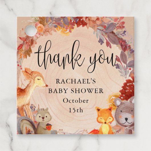 Étiquettes Cadeau Automne Bois Animaux Baby shower Merci (Devant)