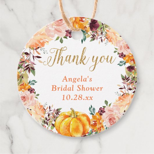 Étiquettes Cadeau Automne Floral Citrouille Merci or  (Devant)