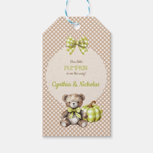 Étiquettes-cadeau Automne Plaid Teddy Bear Citrouille Sage Feuilles (Devant)