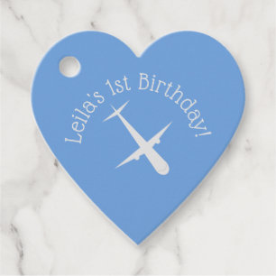 Étiquettes Cadeau Avion sur le coeur personnalisé bleu