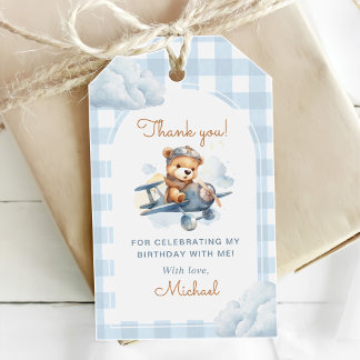 Étiquettes-cadeau Avion Teddy Bear Bleu 1er anniversaire
