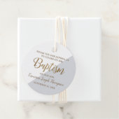 Étiquettes Cadeau Baby Boy Baptism personnalisé Merci gris or (En situation)