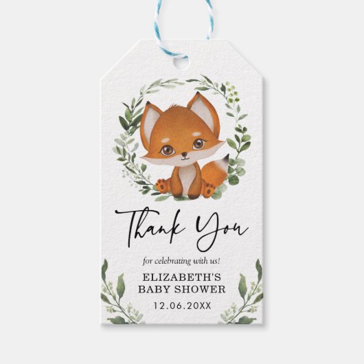 Étiquettes-cadeau Baby Fox Eucalyptus Verdure Foliage Douche Favoris (Devant)