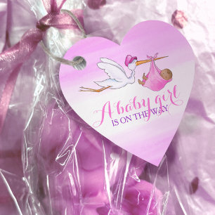 Étiquettes Cadeau Baby girl douche cigogne rose aquarelle merci