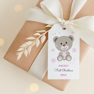 Étiquettes-cadeau Baby Girls First Christmas Teddy Bear Rose