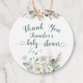 Étiquettes Cadeau Baby shower à feuillage persistant d'hiver (Devant)