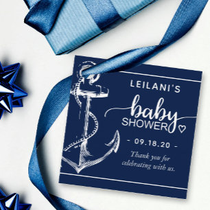 Étiquettes Cadeau Baby shower Ancre nautique Merci bleu marine