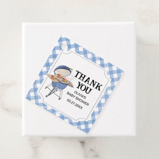 Étiquettes Cadeau Baby shower BBQ Burger Bleu (En situation)