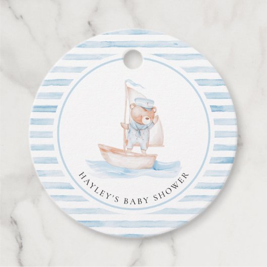 Étiquettes Cadeau Baby shower Bear Bleu Stripe (Devant)