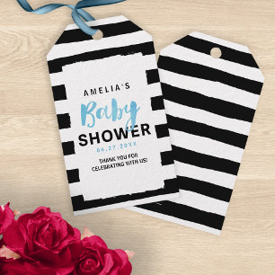 Étiquettes-cadeau Baby shower Bleu chic noir & blanc rayures