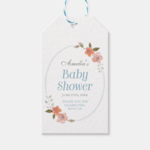 Étiquettes-cadeau Baby shower bleu de Merci avec floral sensible