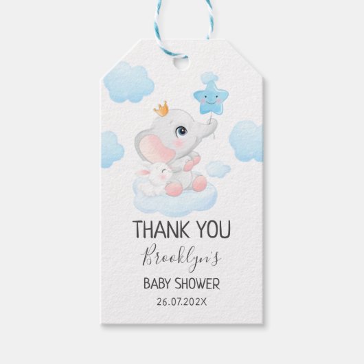 Étiquettes-cadeau Baby shower Bleu Fly Elephant (Devant)