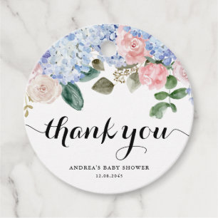 Étiquettes Cadeau Baby shower bleu Hydrangea et rose rose Merci
