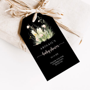 Étiquettes-cadeau Baby Shower Bohème Fleurs Sauvages Noir