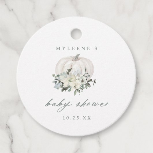 Étiquettes Cadeau Baby shower Citrouille blanc et gris (Devant)