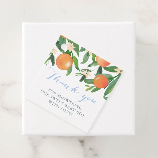 Étiquettes Cadeau Baby shower d'agrumes pour bébé doux garçon (En situation)